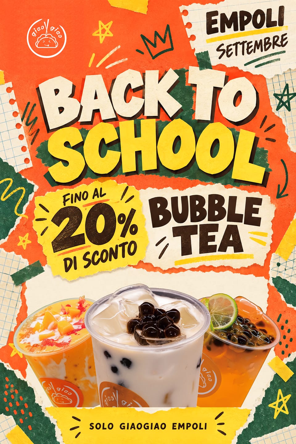 Locandina Back to School di GiaoGiao Empoli: fino al 20% di sconto sul bubble tea a settembre